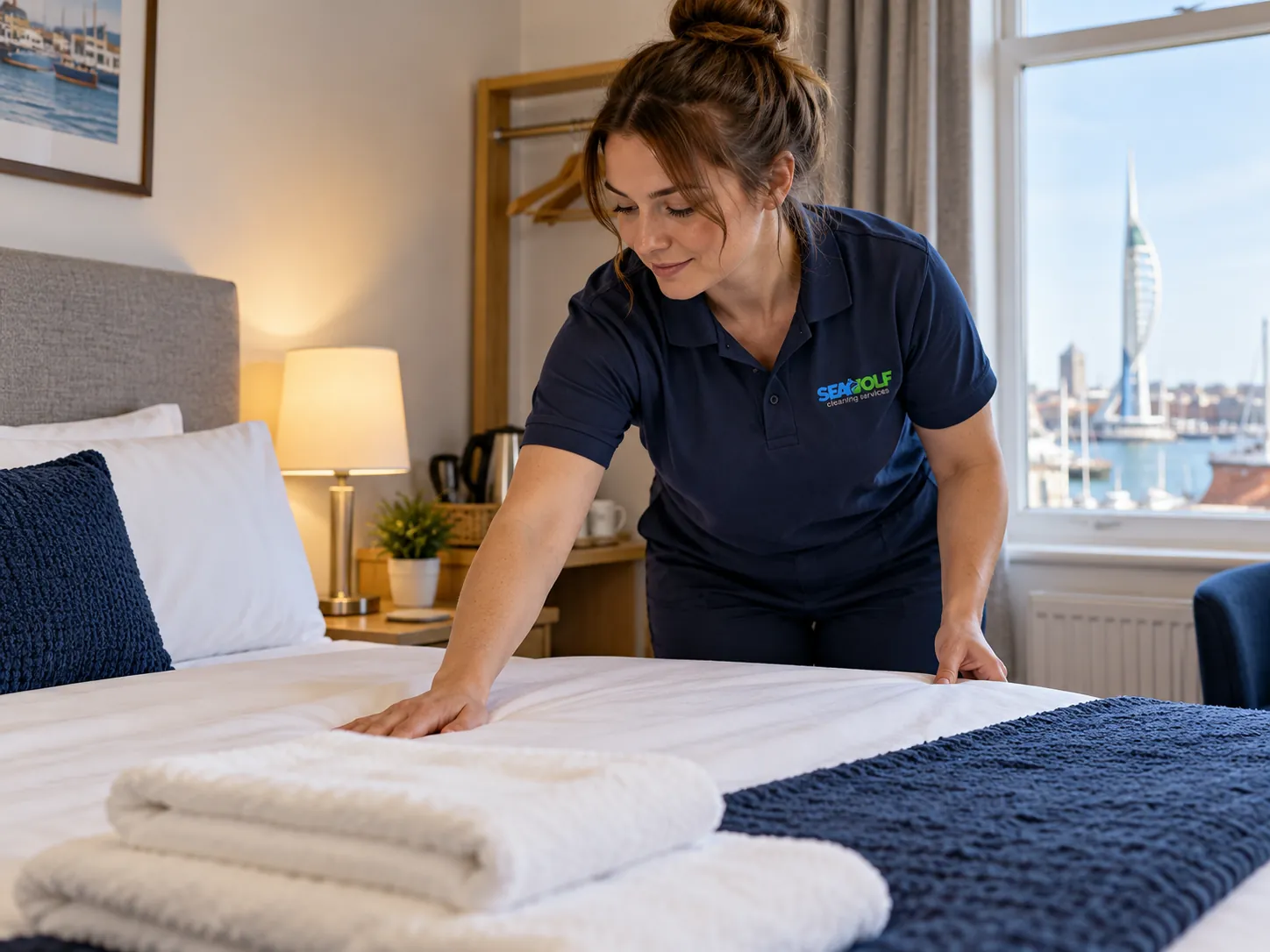 Seawolf cleaner making up a guesthouse bed with fresh towels, Portsmouth harbour through the window