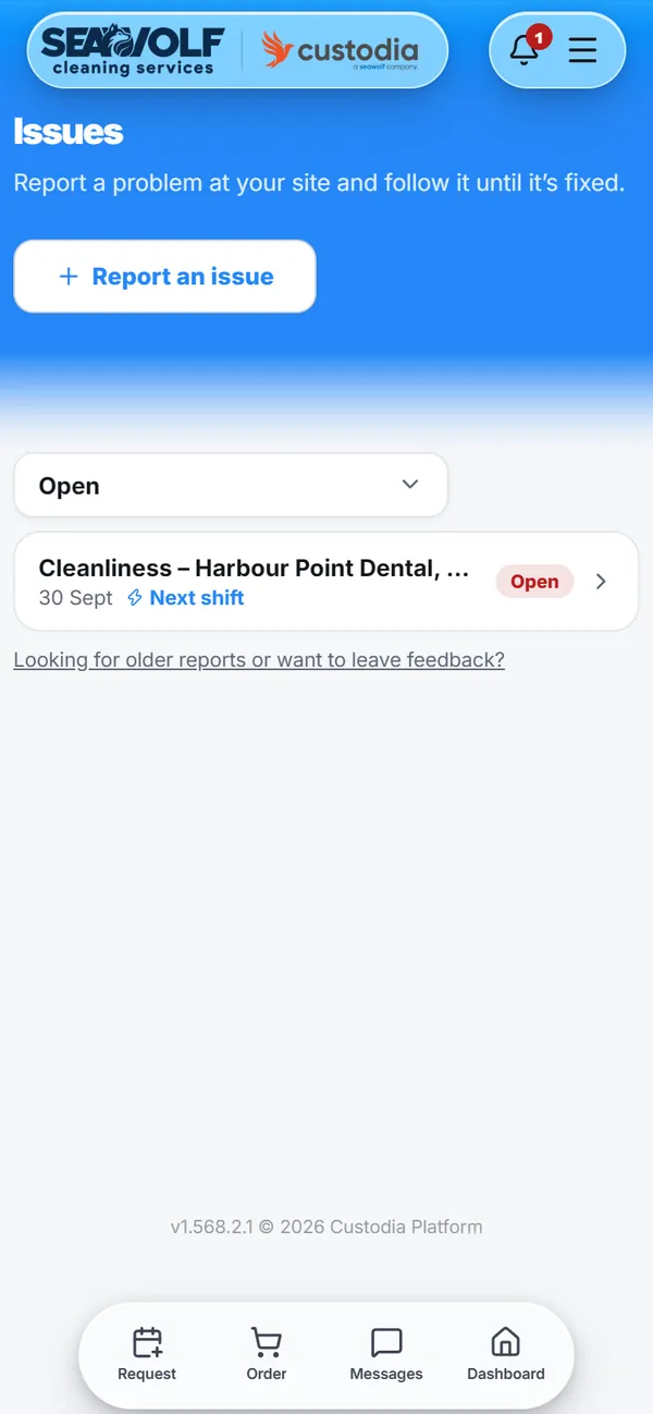 Client portal issues list on a phone, with an open issue marked for the next visit