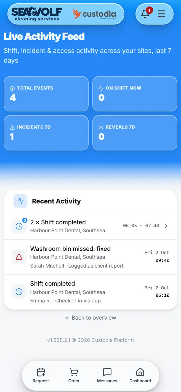 Client portal live activity feed on a phone, showing completed visits and a fixed issue at a sample dental practice