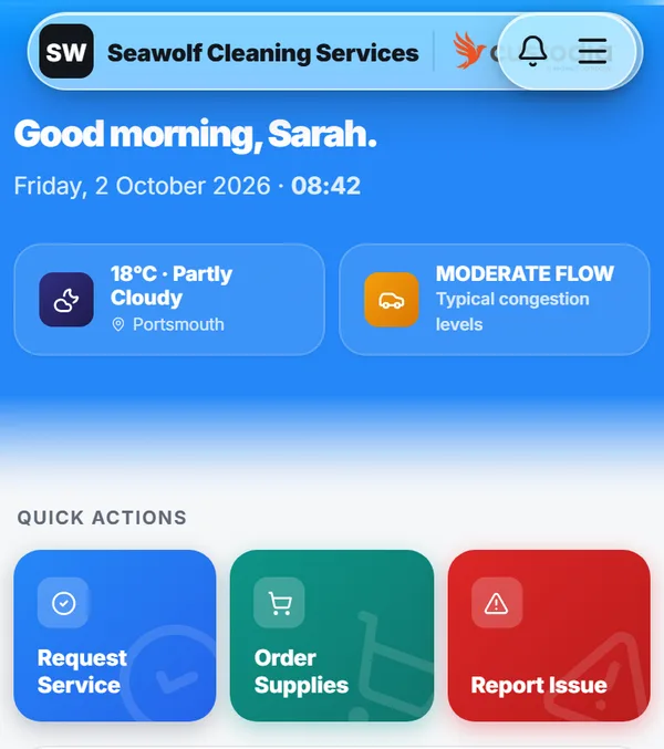Client portal home screen with quick actions to request service, order supplies and report an issue
