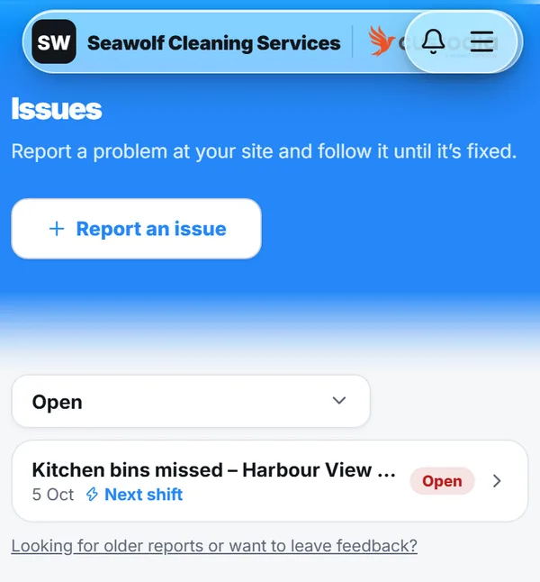Client portal issues list with a reported problem marked open and due on the next shift