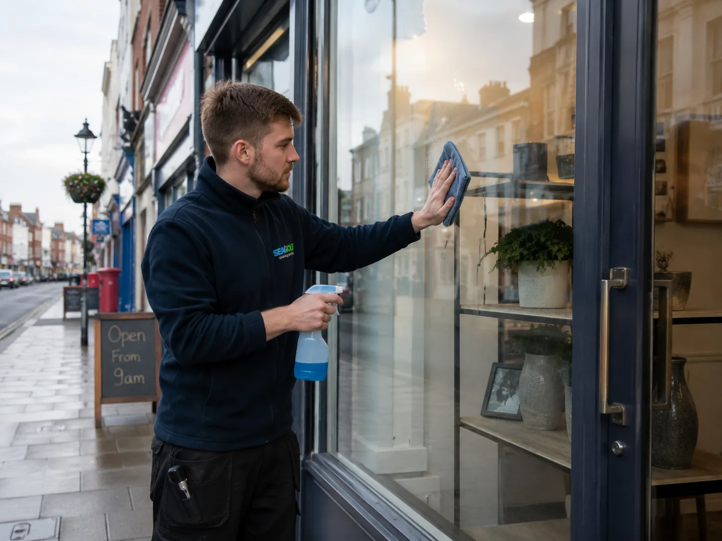 retail cleaning photo: cleaner wiping down a shopfront window or community centre entrance before opening, Portsmouth high street context