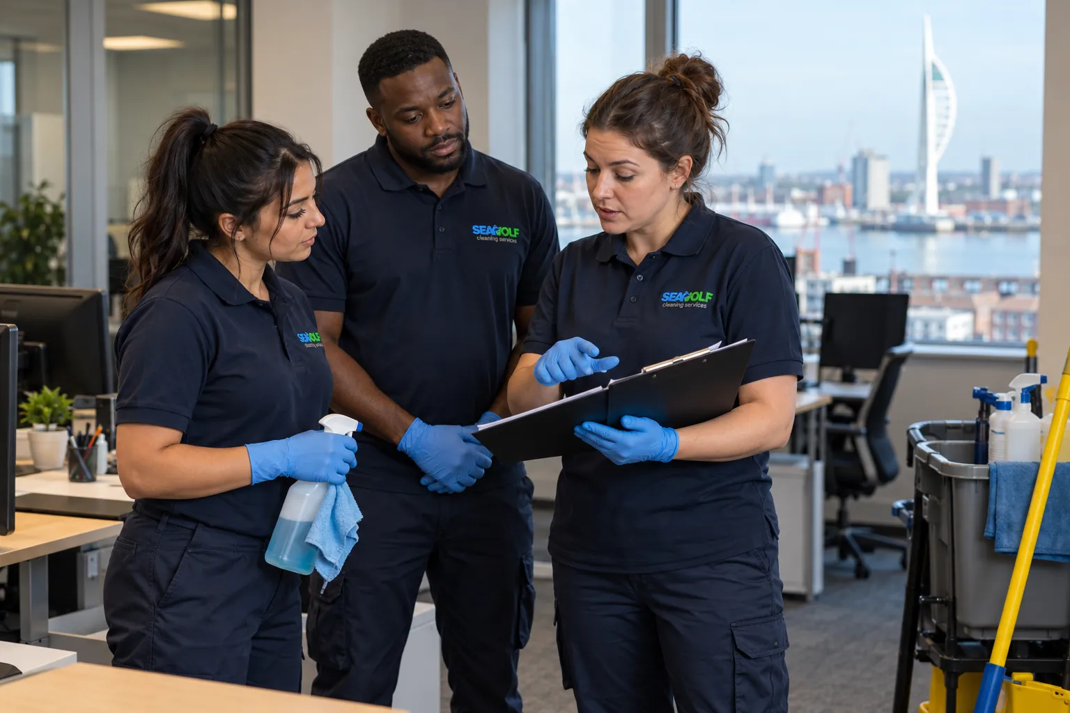 Illustration of a Seawolf cleaning team reviewing a site checklist in a Portsmouth office, Spinnaker Tower in the window