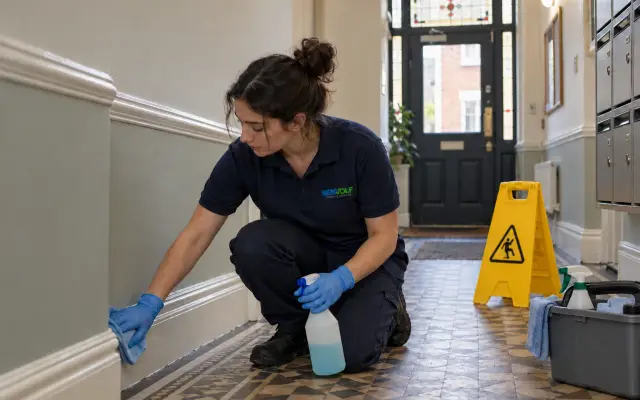 Cleaner wiping skirting boards in the tiled communal hallway of a converted Victorian building