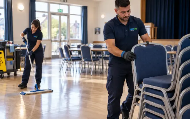Two cleaners resetting a community hall between bookings, stacking chairs and mopping the floor