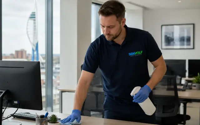 Cleaner wiping down desks in an empty open-plan office in the early morning