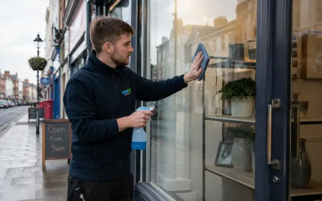 Cleaner wiping down a shopfront entrance before opening