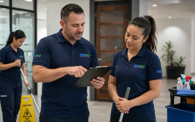Illustration of a cleaning team reviewing a site checklist