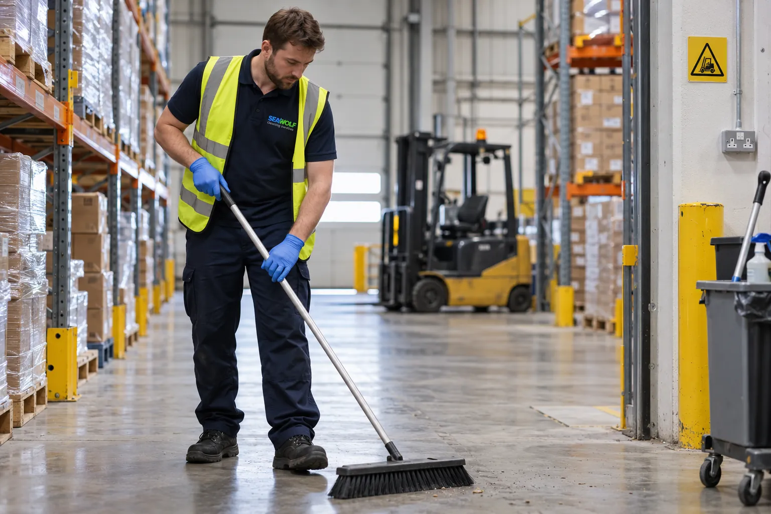 Seawolf cleaner in hi-vis sweeping a warehouse aisle beside pallet racking, forklift parked behind