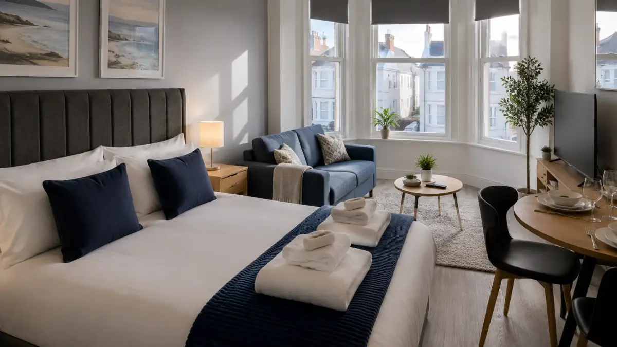Freshly made bed and reset living space in a guest-ready serviced apartment