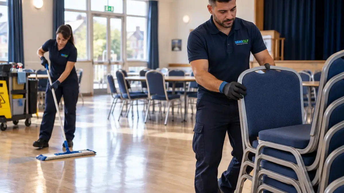 Two cleaners resetting a community hall between bookings, stacking chairs and mopping the floor