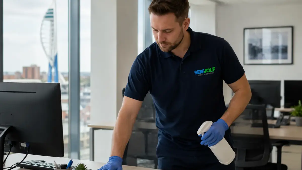 Cleaner wiping down desks in an empty open-plan office in the early morning