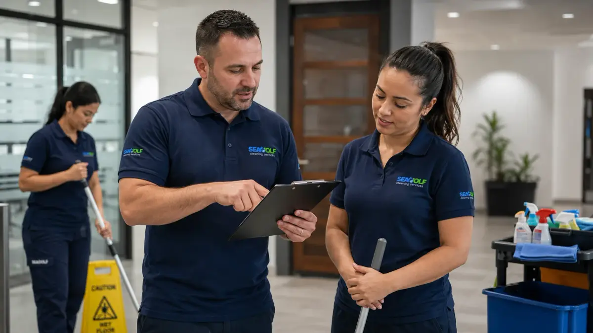 Illustration of a cleaning team reviewing a site checklist