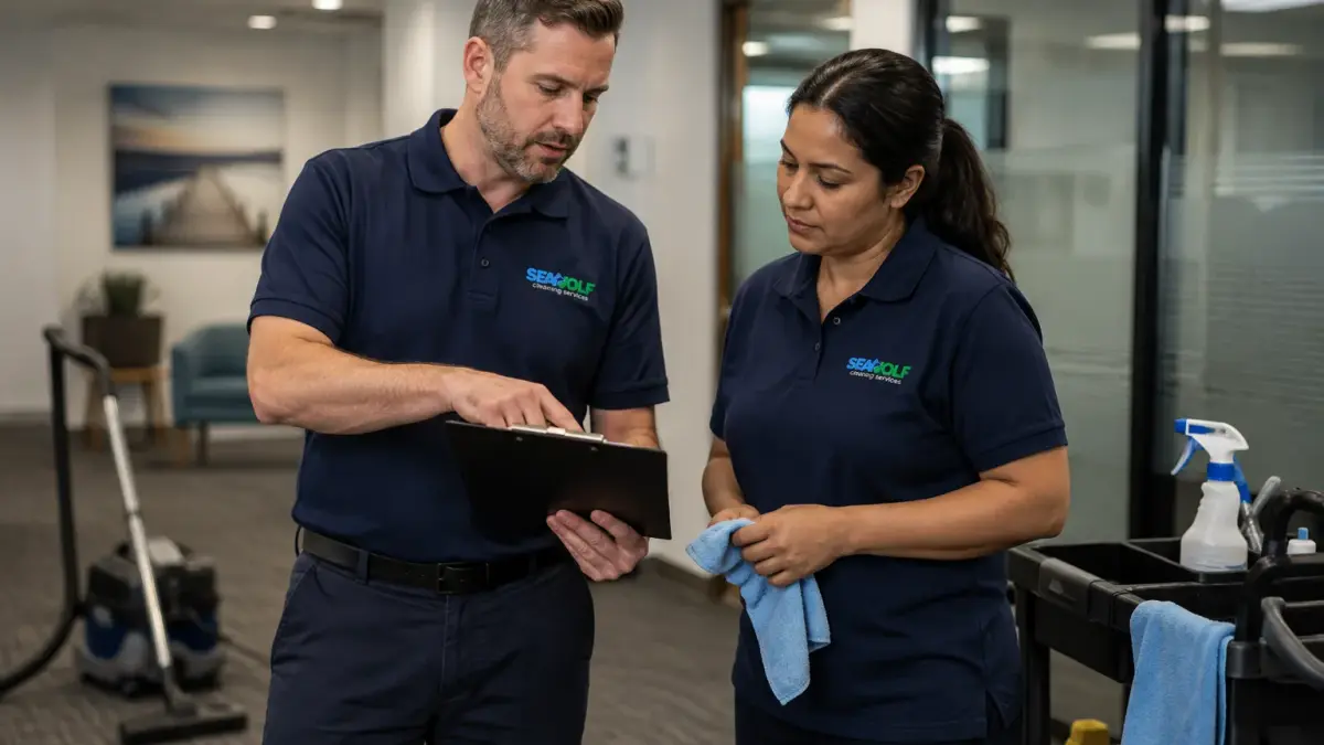 Cleaning team reviewing a written cleaning spec on site