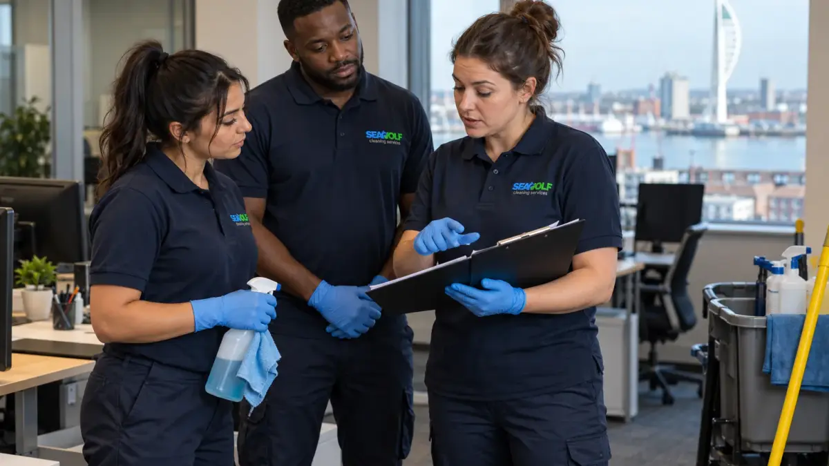 Illustration of a cleaning team reviewing a site checklist in a Portsmouth office